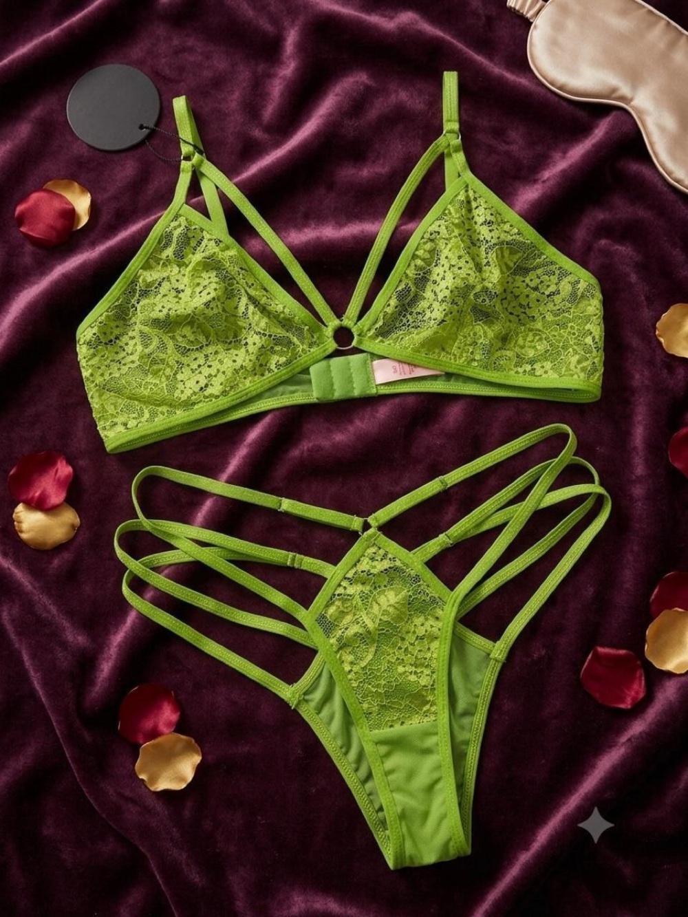 Lace Strappy Bralette & Bikini Set - Green